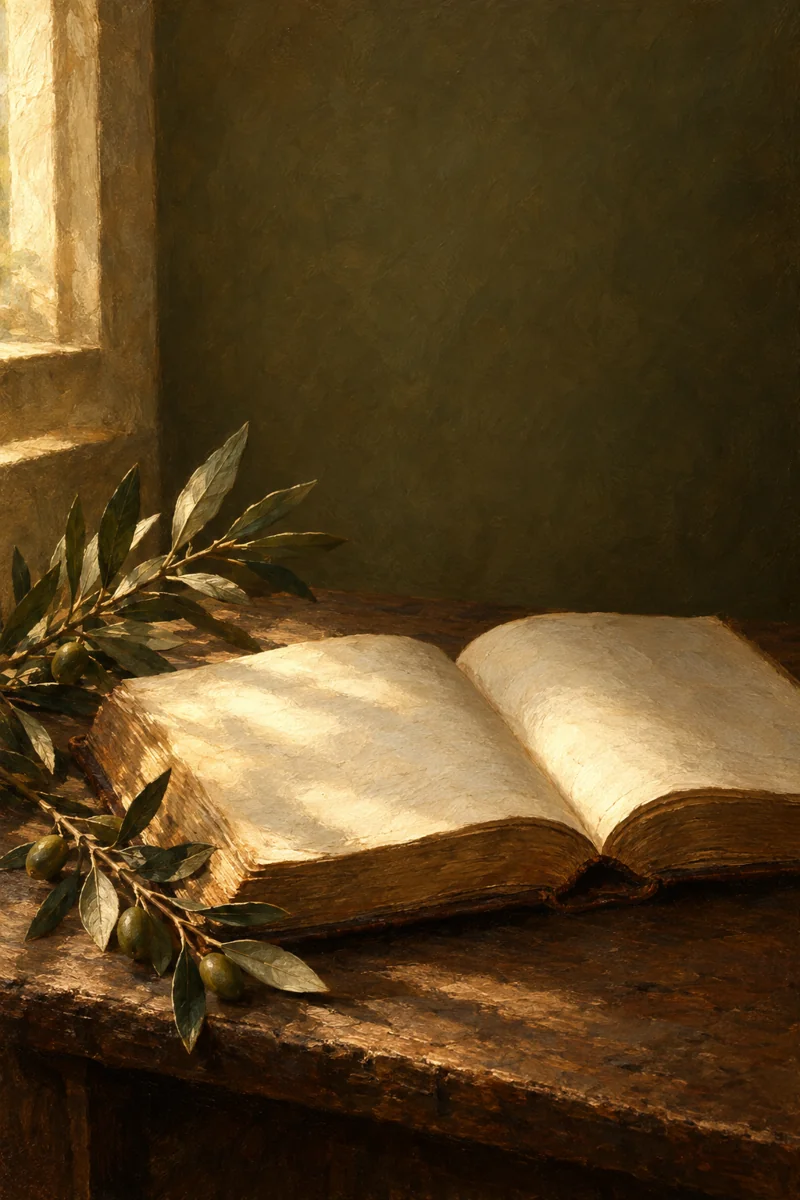 An open book and an olive branch in warm morning light, painted in a classical style